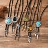 Antique Silver Bolo Tie Necklace Turquoise Inlaid Sweater Chain Casual Outfit