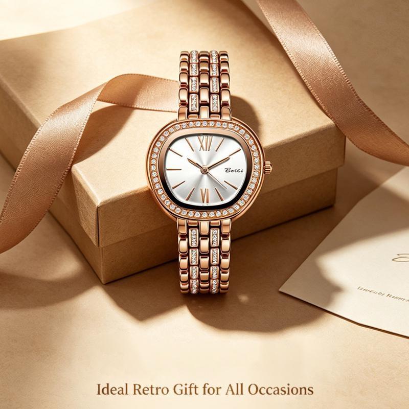 Womens Elegant Rhinestone Wrist Watch Waterproof Classic Roman Dial Ladies Dress Watch Alloy Strap