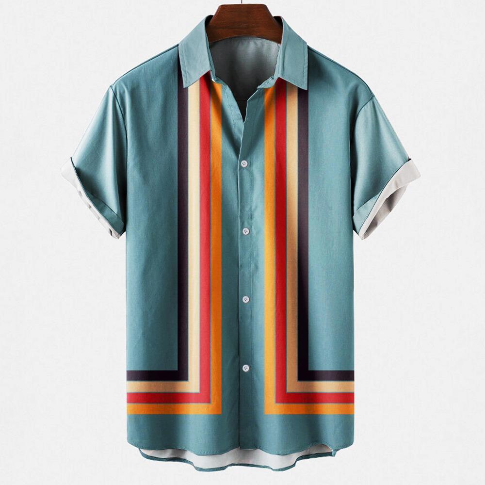 Men's Hawaiian Beach Short Sleeved Striped Shirt 3D Printed Loose Street Fun Men's Top Fashion Casual Simple Pocketless Shirt