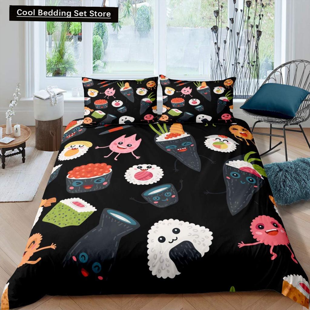 Japan Sushi Königin König Bettbezug Meeresleben Bettwäscheset Cartoon Japanisches Essen Bettdeckenbezug Bunt Polyester Bettdeckenbezug