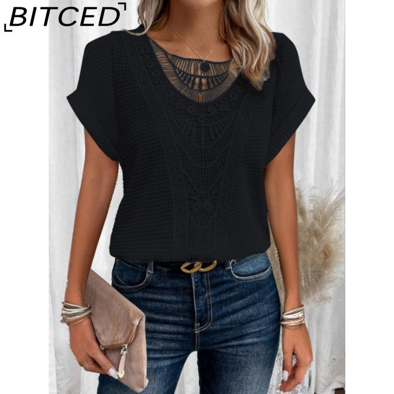 BITCED Women's Spring/Summer Lace-Patchwork Short-Sleeve T-Shirt
