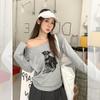 Cotton White Puppy Print Slanted Shoulder Long Sleeved T-shirt Women's Autumn Versatile Top