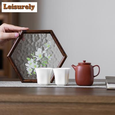 Zen Water Textured Glass Cup Coaster Walnut Wood Hexagonal Tea Tray Japanese Small Teapot Holder Household Tea Table Accessories
