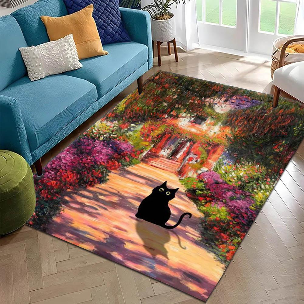 3D Black Cat K-Klimt Garden Flowers Carpet Rug for Art Living Room Decor Sofa Home Gifts Kids Game Area Rug Non-slip Floor Mat