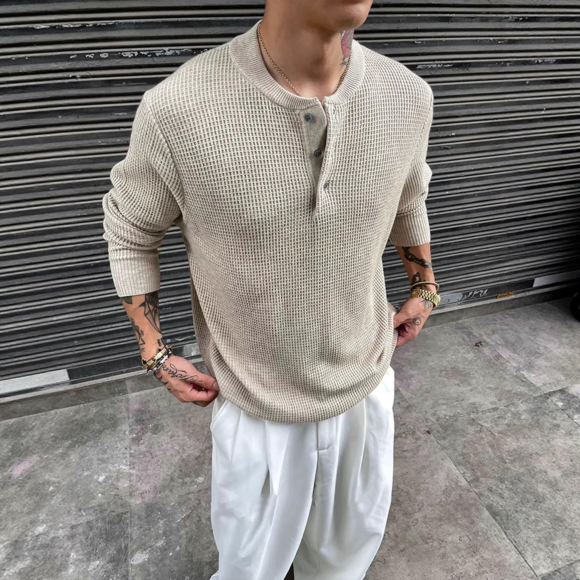 Men s Autumn Waffle Henley Long Sleeve Casual Hoodie M