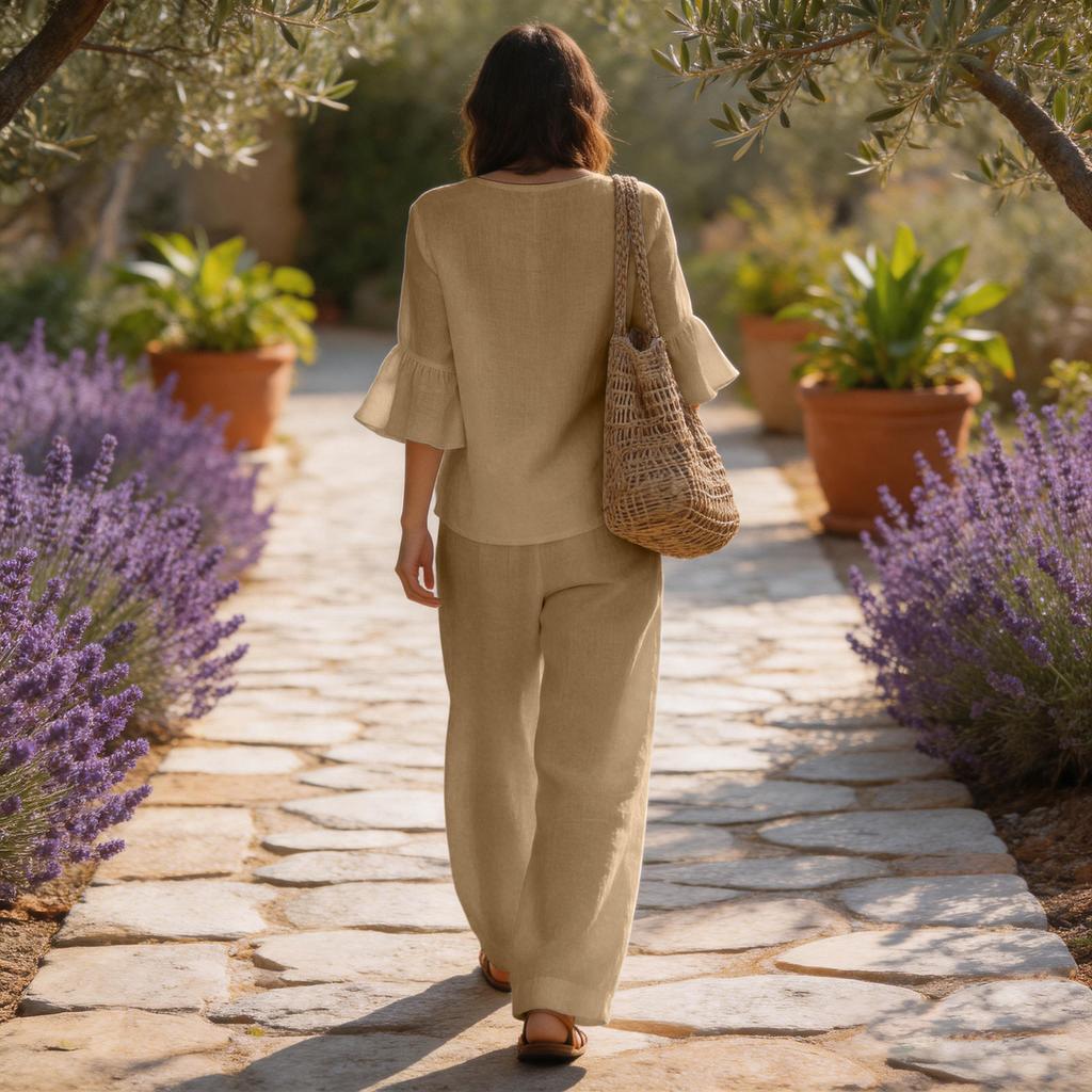 Women's Cotton Linen Two Piece Set V Neck Ruffle Sleeve Top and Loose Fit Casual Wide Leg Pants Lightweight Breathable Outfit