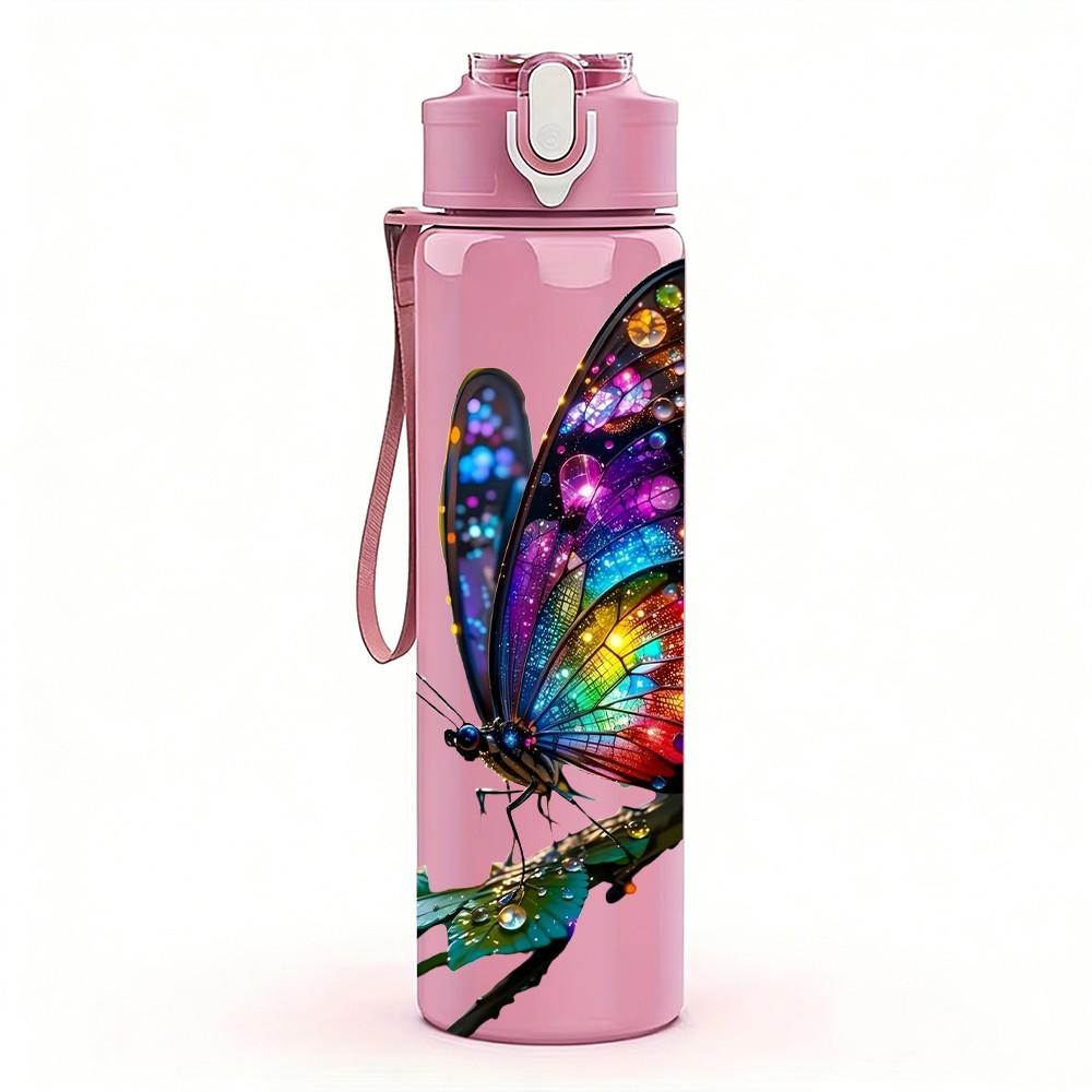 1PC Bright Color Butterfly Insect Print 750ml Color Plastic Sports Water Bottle Leakproof Flip Straw Lid Suitable for Sports Office Home Use
