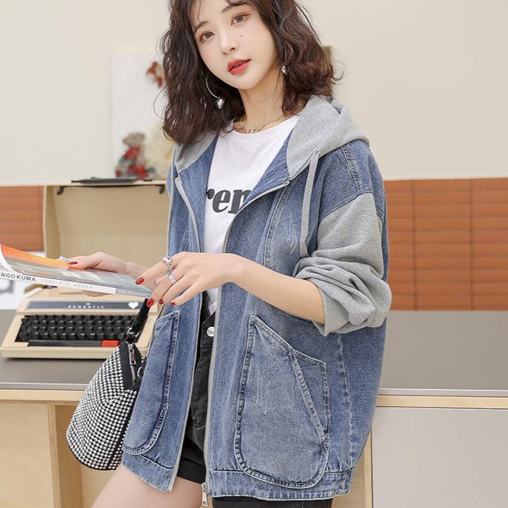 Hooded Denim Jacket Women's Spring and Autumn Stitching Loose Large Size Short Zipper Small Spring Top