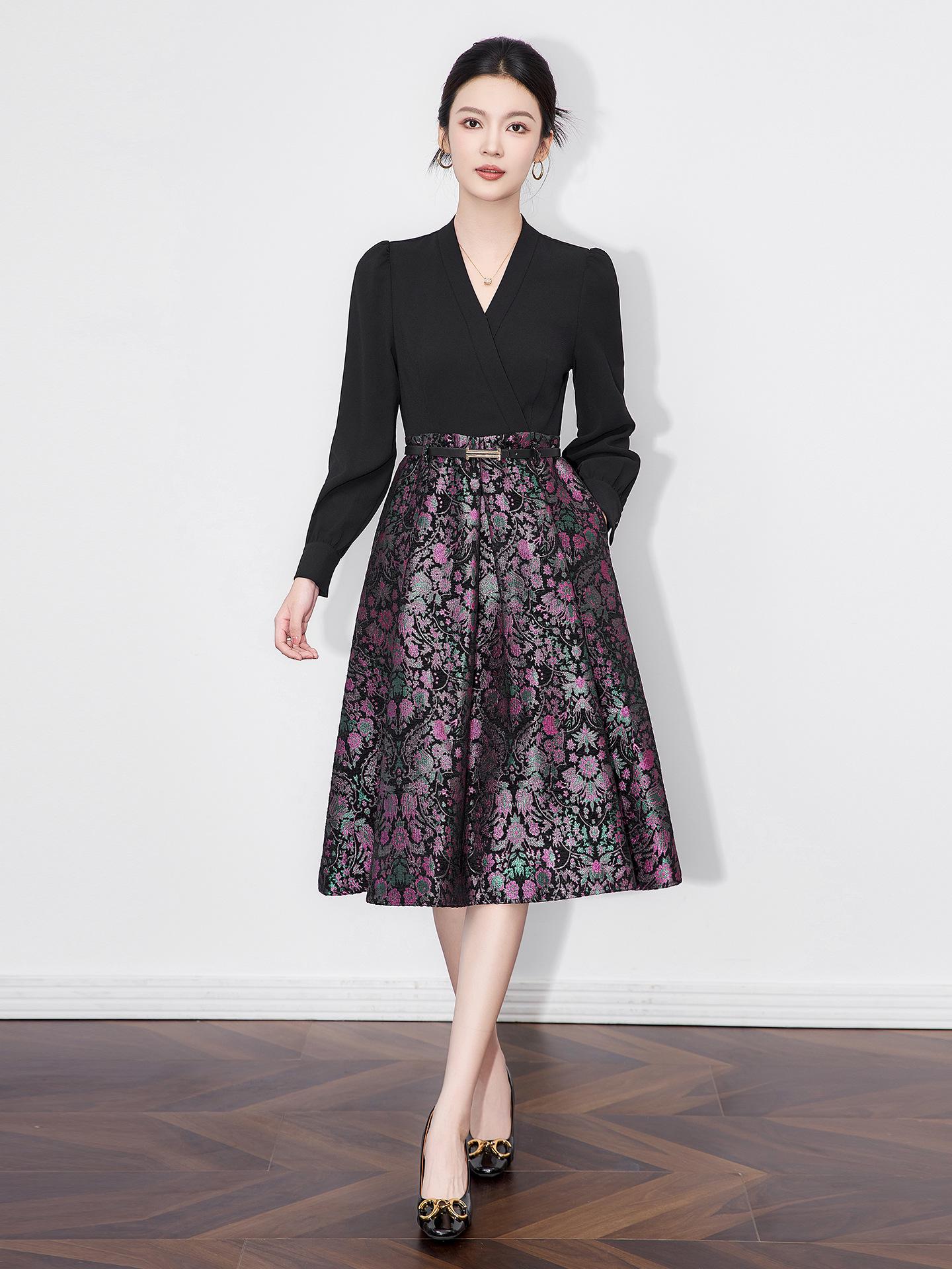 Luxurious Chenille Jacquard Two-Piece Big Swing Waist-Defining Evening Dress cm nero