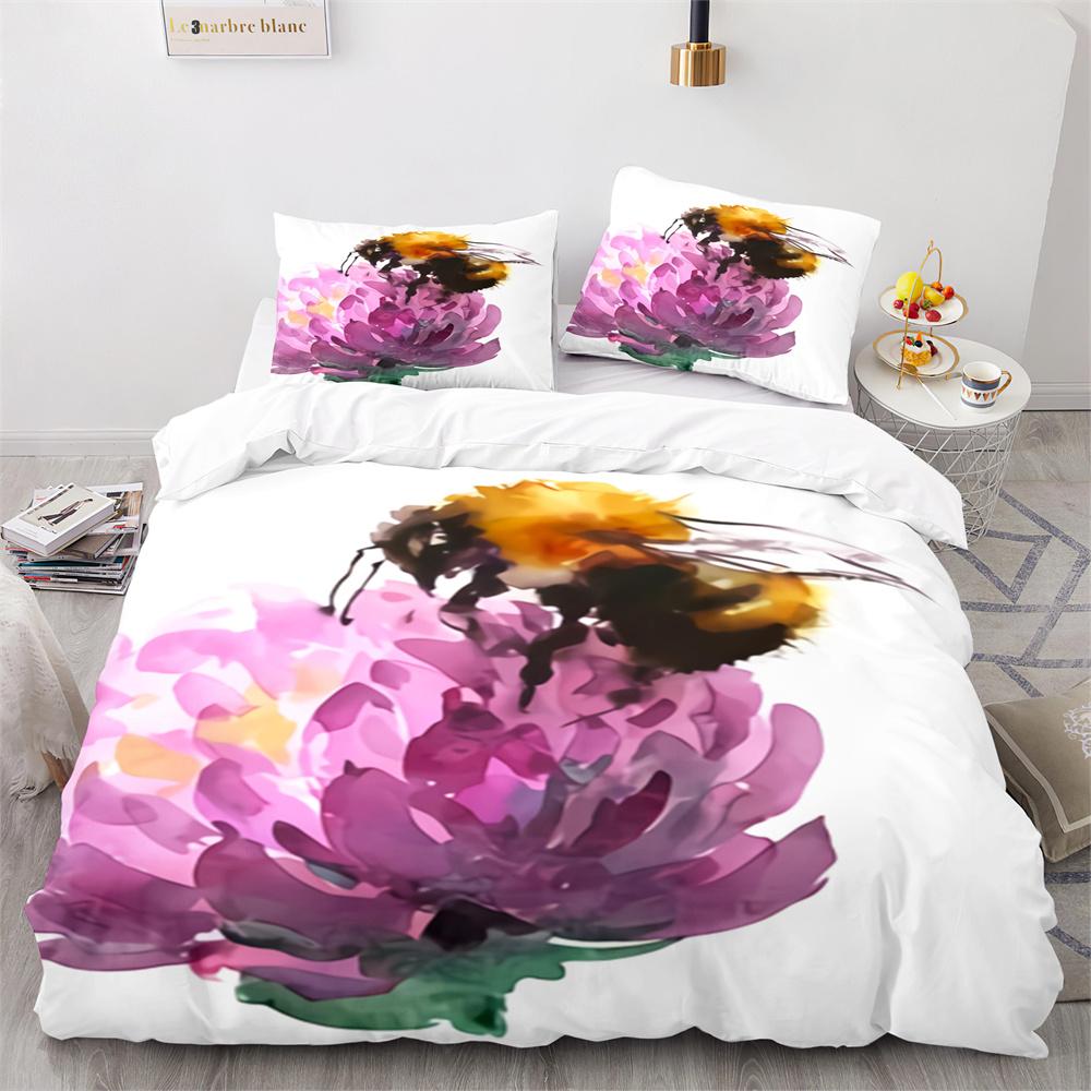 Bee Duvet Cover Set Watercolour Painting Cartoon Cute Wildlife Comforter Cover King Queen for Kids Girl Polyester Bedding Set