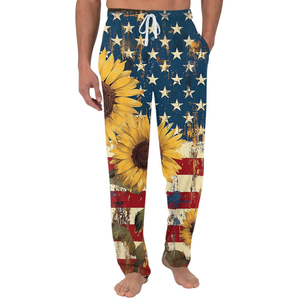 Men's Independence Day Print Plain Knit Pocket Casual Lounge Pants Sleepwear Drawstring Waist Relaxed Fit