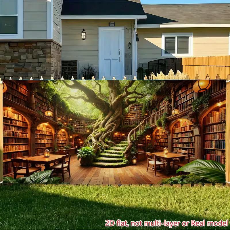 2D Enchanted Tree Library Tapestry Magical Forest Book Home with Stairs Wall Art 47.2x31.5inch/120*80cm