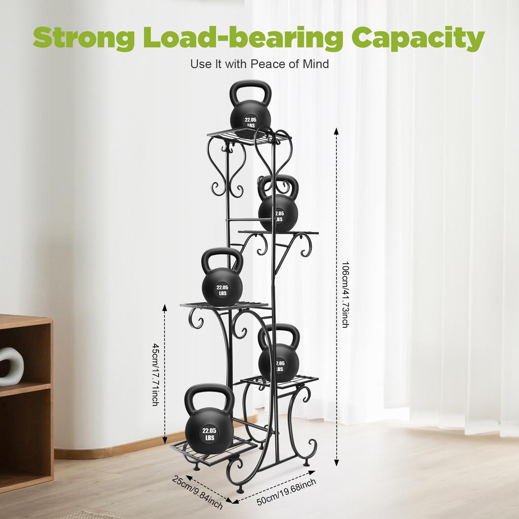 5-Tier Flower Stand, Black Iron Plant Shelf W/ 5 Trays, Modern Baking Paint Display Rack, Multi-Level Floor Standing Organizer