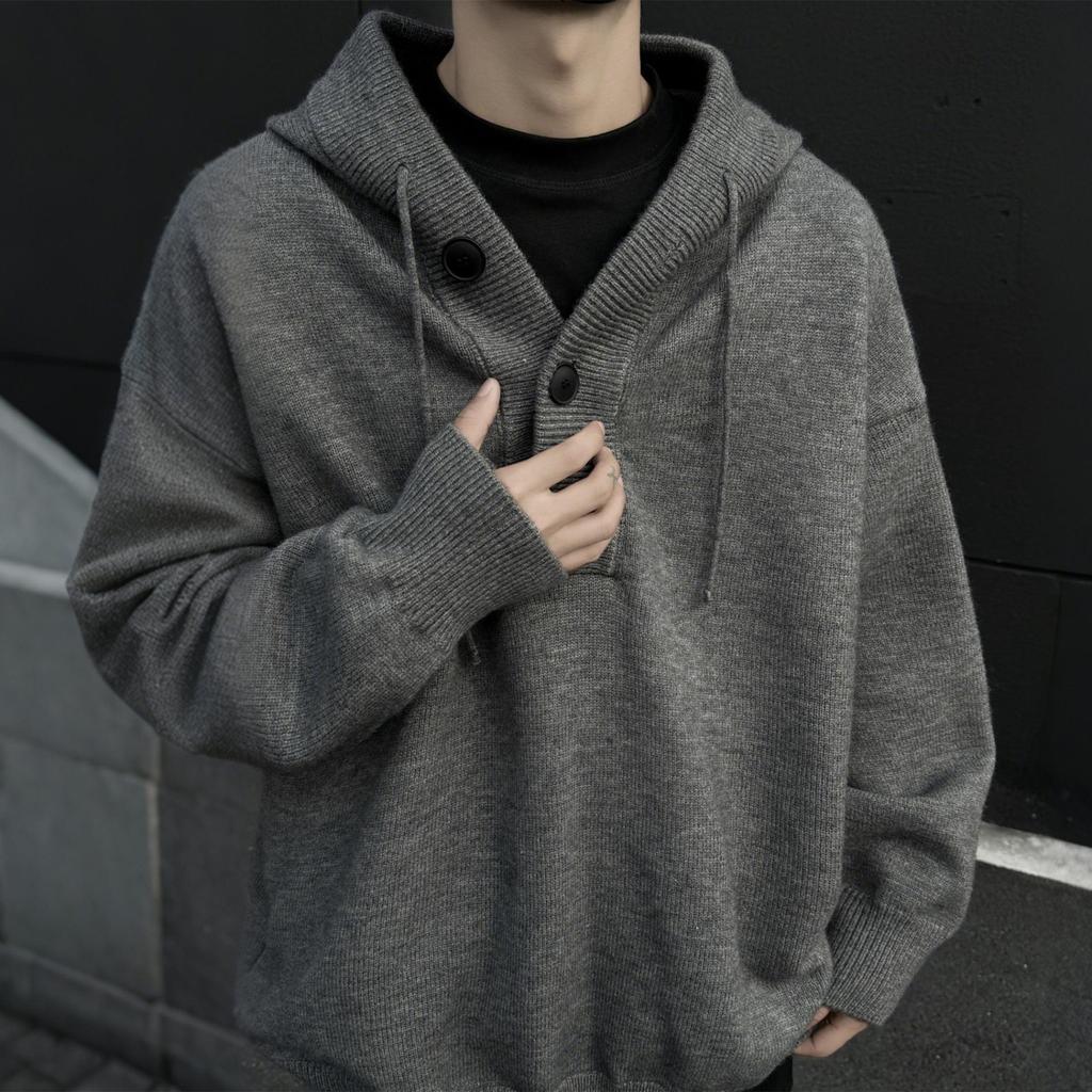 Men's Winter Heavyweight Hooded Knit Sweater - Solid Color Button Cardigan, Relaxed Fit, Urban Style.