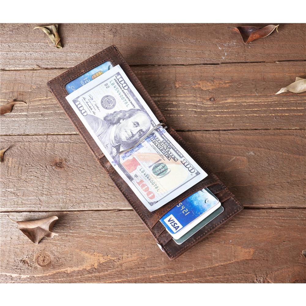 Genuine Cowhide Leather Men's Short Wallet Vintage Slim Card Holder with Money Dollar Cash Clip Classic Leather Credit Card Holder for Men Daily Use