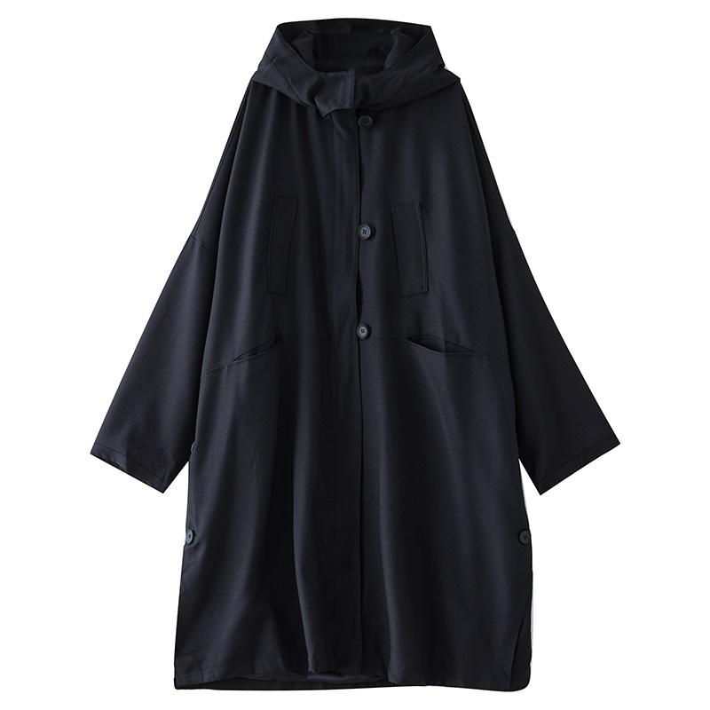 Long Sleeve Oversized Hooded Vintage Black Casual Loose Autumn Spring Winter Trench Coat for Women Outerwear