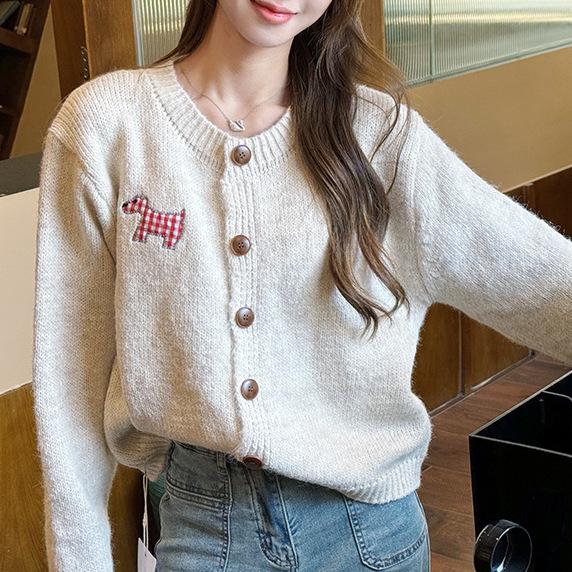 Korean Candy Color Cardigan, Spring/Autumn, Round Neck, Long Sleeve, Sweet & Gentle Style Knitwear