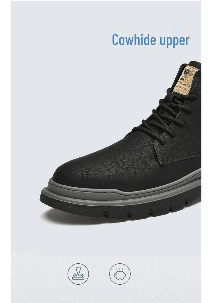 Men's Genuine Leather Martin Boots, Large Size, Soft Sole, Outdoor Work, Retro Plus Velvet, Warm, High-Top.