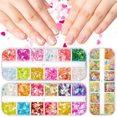 12-Grid Valentine's Day Nail Art Sequins, Shining Colorful Love Stars Hexagonal Sequins Nail Art Jewelry
