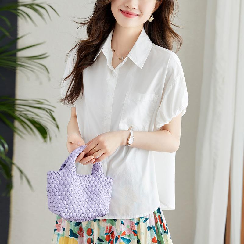 Light Blue Shirt for Women Short-sleeved Summer New Flower Bud Sleeve Top Design Niche Cotton Shirt