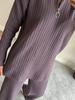 Spring 2025 Women's Solid Color Zippered Knit Set: High Neck Ribbed Loungewear Two-Piece