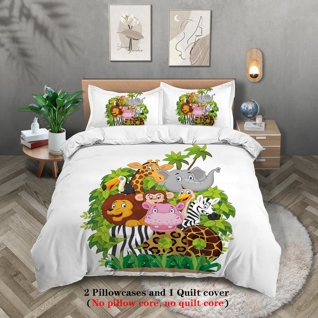 Zoo Duvet Cover Giraffe Lion Elephant Pattern Three-Piece Bedding Set