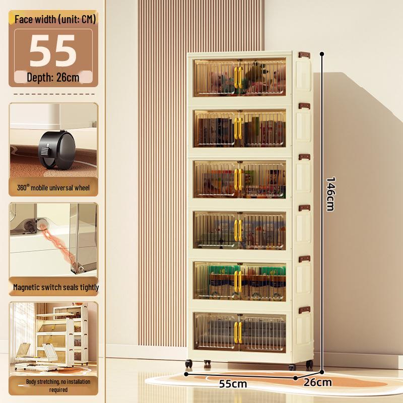 40-60cm Wide Transparent Foldable Double Door Floor Storage Cabinet with Multiple Layers