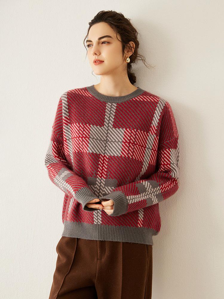 Women's Korean-Style Retro Plaid Knit Cashmere Sweater - Loose Fit, Thick Long Sleeve Pullover