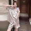 [Korean Leopard Print Three-piece Set] Summer New Ice Silk Pajamas Women's Satin Leopard Print Short-sleeved High-end Loungewear