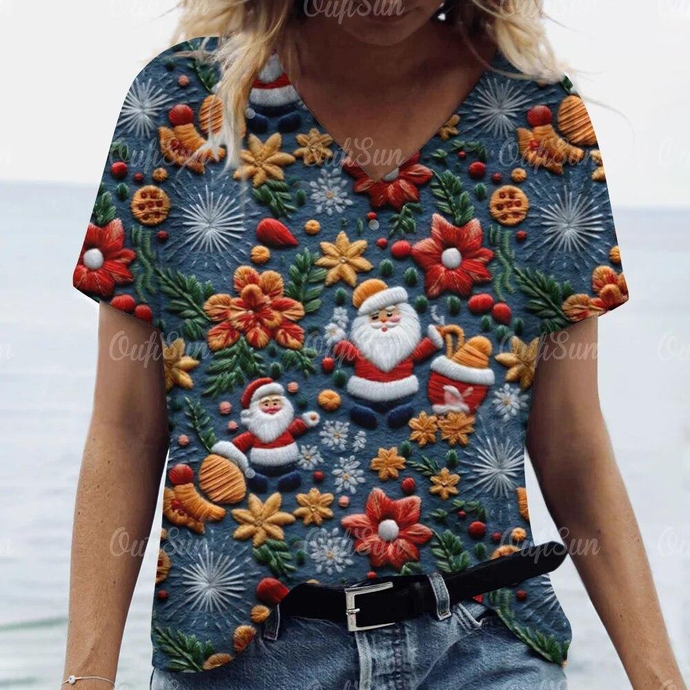 

Новая рождественская женская футболка с 3D принтом Санта-Клауса, футболки с короткими рукавами и v-образным вырезом, уличная одежда большого размера, женский пуловер в стиле Харадзюку, топы L