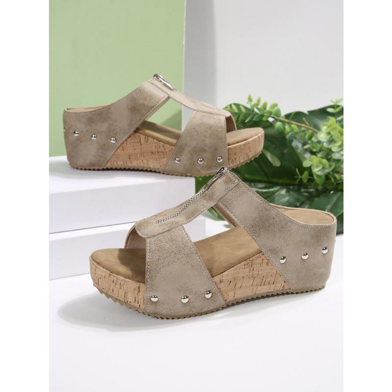 

New large size women s shoes summer new cross platform slippers rivet buckle cool slippers wedge heel slippers independent 43 хаки