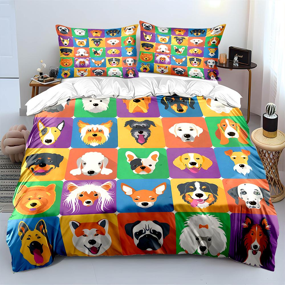 3pcs Various cartoon dog faces Print Bedding Set 1 Duvet Cover 2 Pillowcases for Adult and Children Luxury Gift Full Size