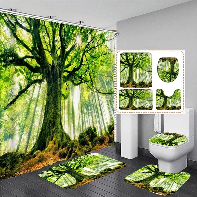 

Waterproof Sunny Forest Scenery Shower Curtain Set Waterproof Bathroom Toilet Seat Cover Bath Non-Slip Mat Rug Carpet Bath Decor W60H190(CM)-1 Pcs