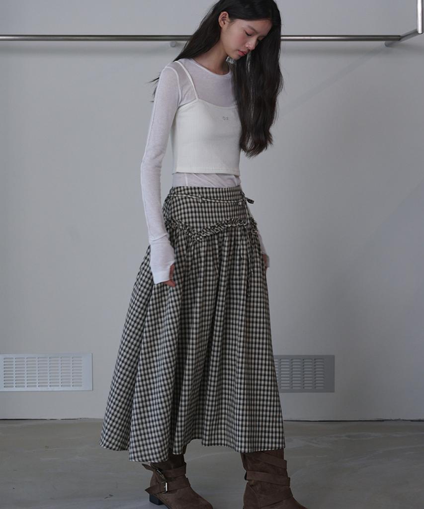 Opening Sunshine Yoke Frill Check Maxi Skirt Black