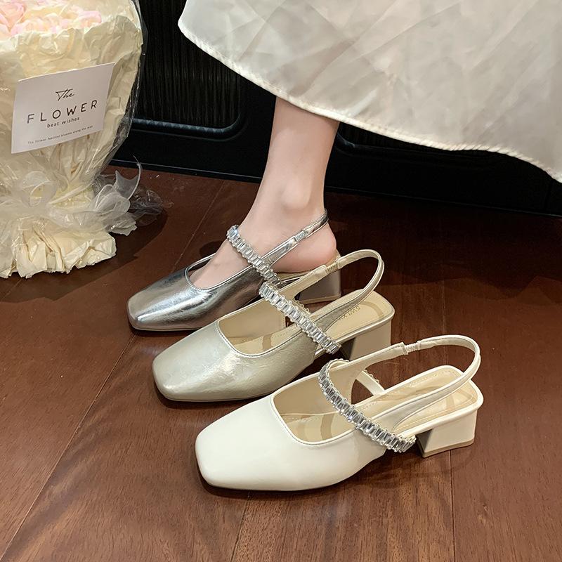 Fashion Elegant Rhinestone Strap Square - Toe Sandals | French - Style Mid - Heel, Perfect for Date & Dressy Looks