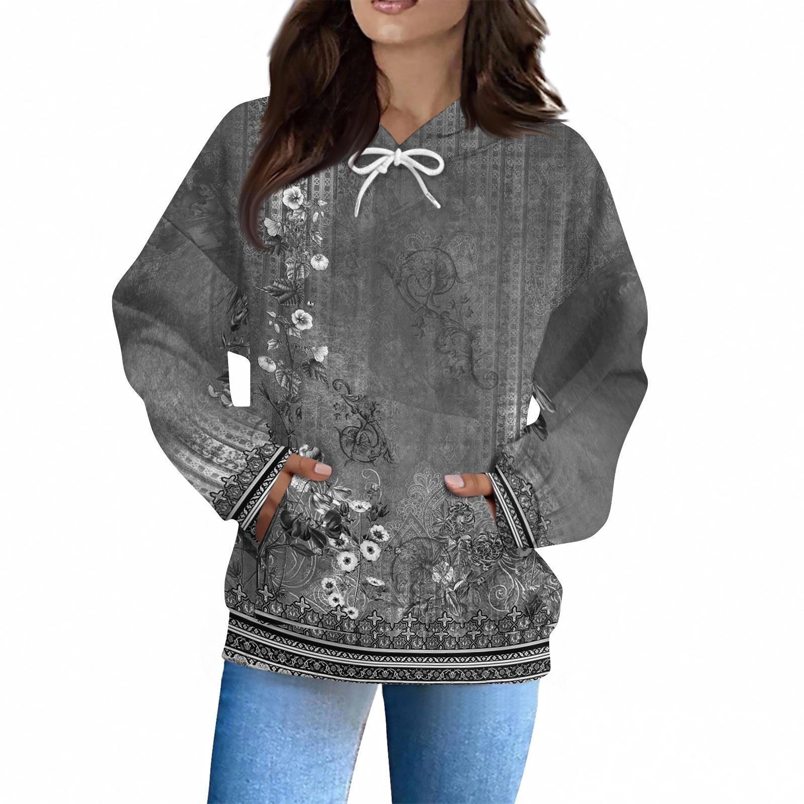 

Женская Мода Повседневная Толстовка Длинный Рукав Принт Топ XL