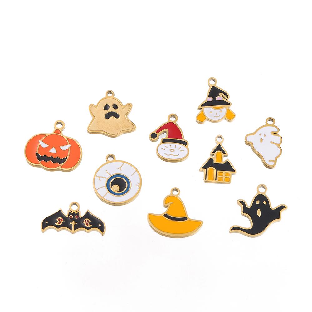 1pcs Stainless Steel Cartoon Halloween Enamel Charms Pumpkin Skeleton Ghost Bat Cat Pendants for DIY Jewelry Making Accessories