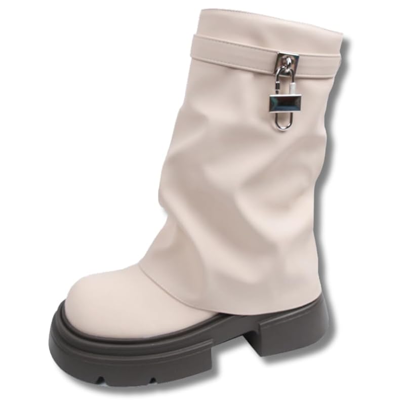 

[ALVEIN] ladies shirring long boots middle platform loose Kushukushu leg warmers gal round toe y2k engineer (beige, japanese shoe size dimensions,