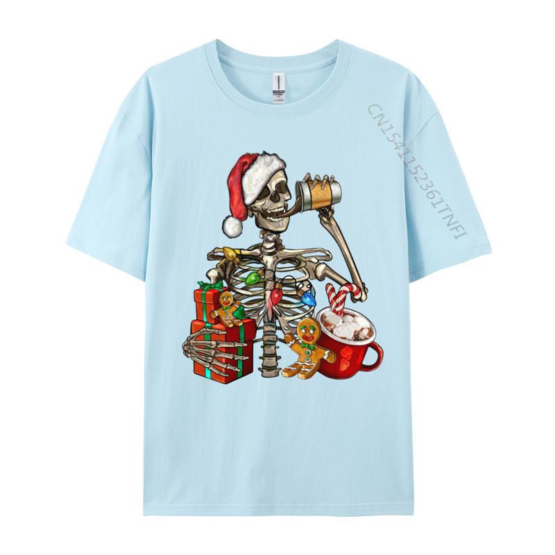 Christmas Skeleton With Smiling Skull Drinking Coffee Latte T Shirts Graphic Tshirt Hip Hop T Shirt Homme Cotton Oversized