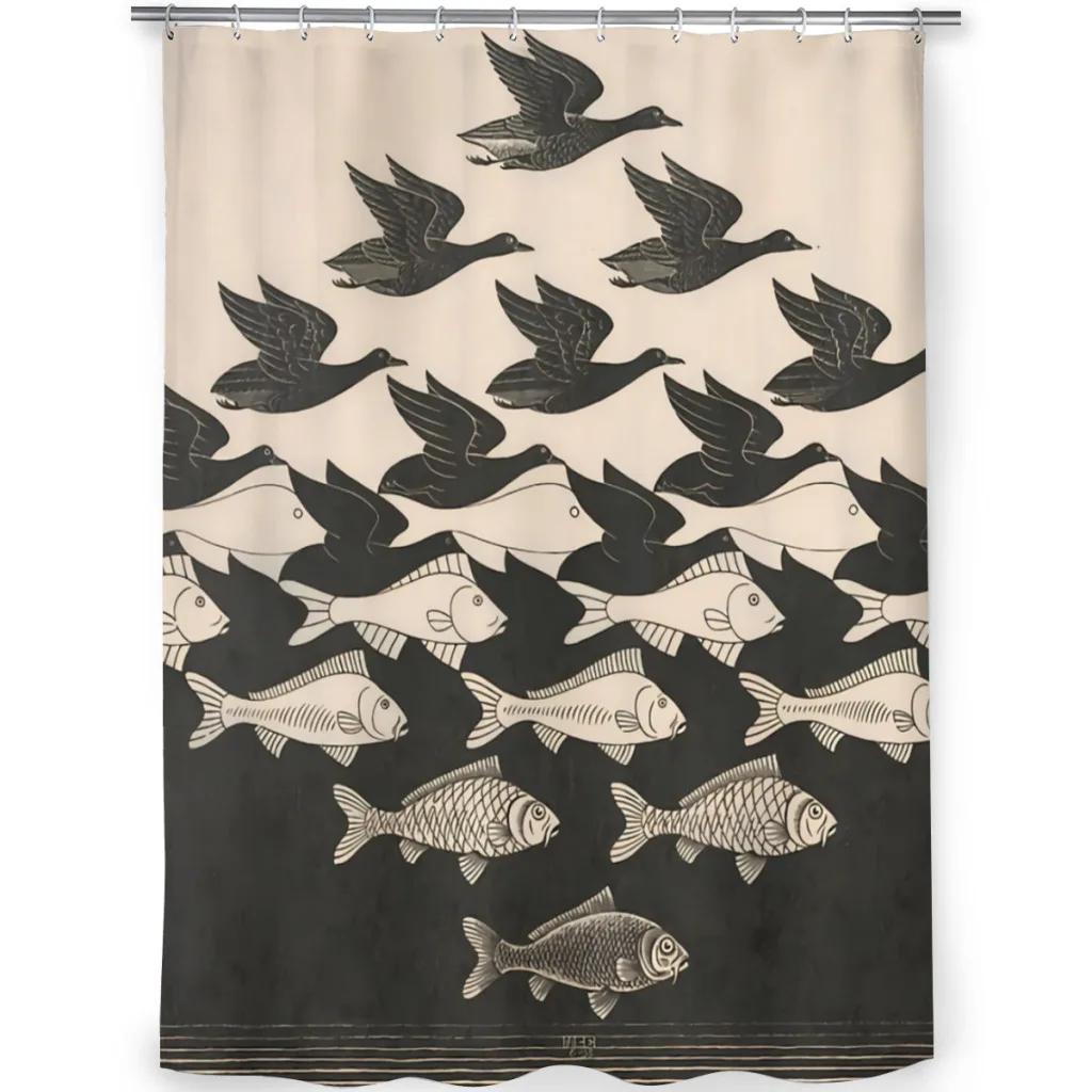 Escher Sky Water Bathroom Shower Curtains Waterproof Partition Curtain Funny Home Decor Accessories