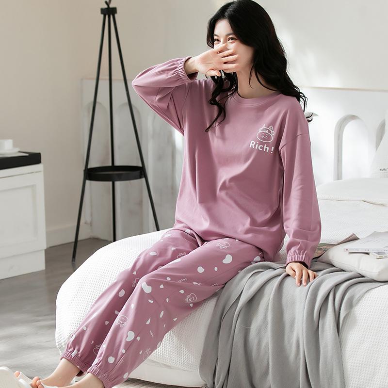 Aifen Teng Women's Pajamas Set: Pure Cotton, Long Sleeve, Long Pants, Casual Home Wear, Suitable for Spring, Autumn, and Winter.