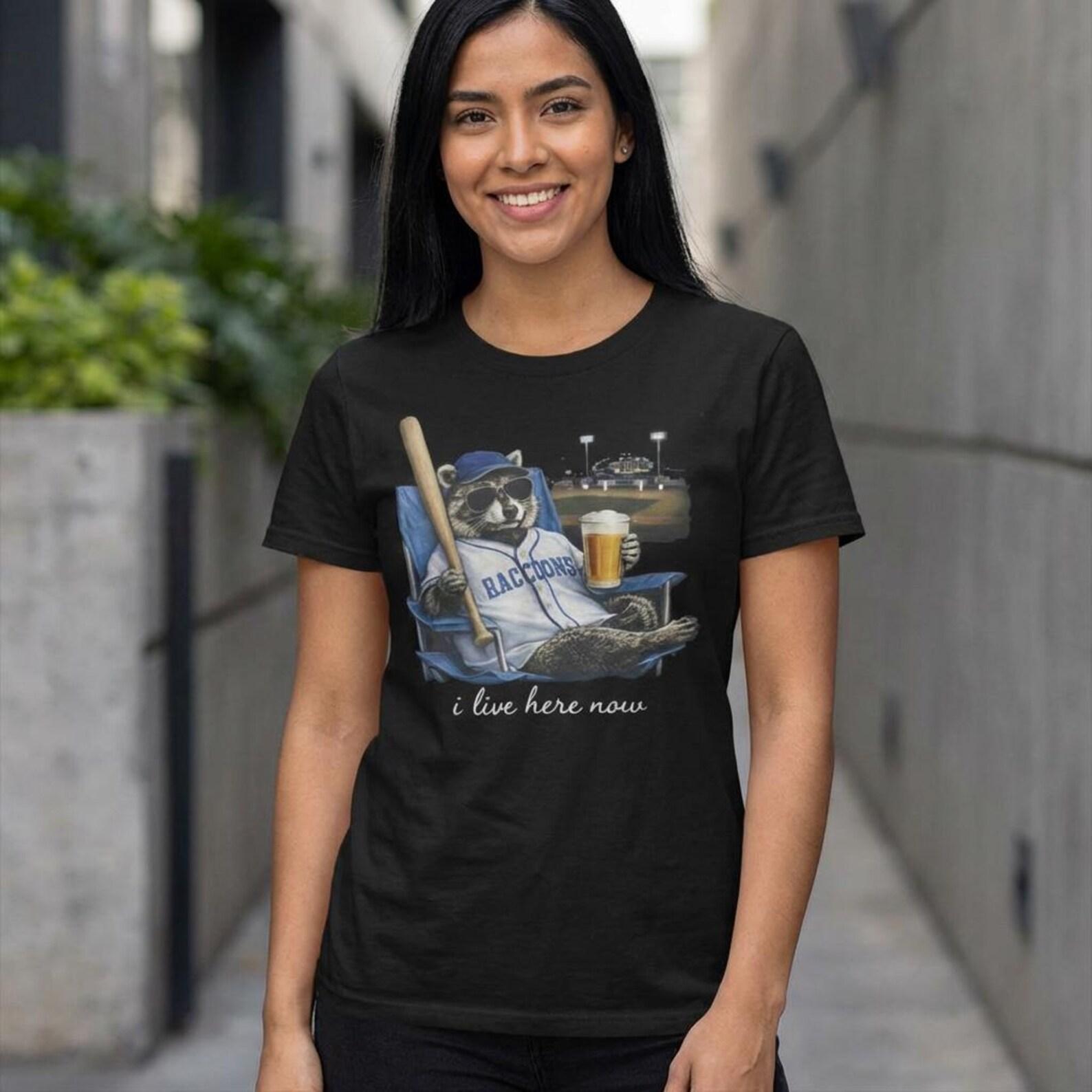 Funny Raccoon Beer Ballfield Baseball Field I Live Here Now T-Shirt; Trash Panda Sports Tee; Sarcastic Stadium Shirt S