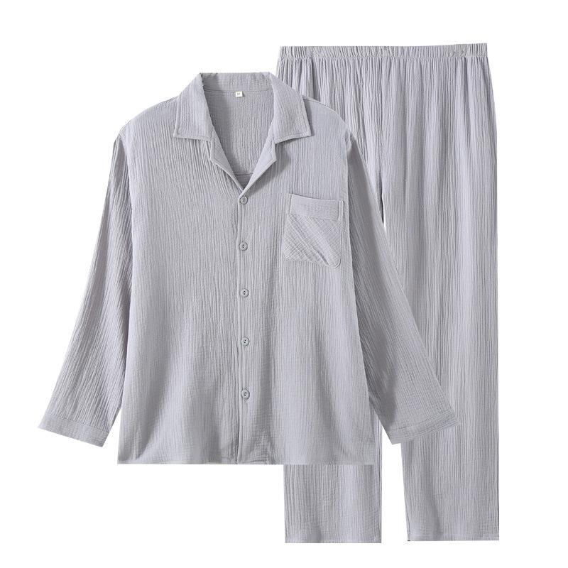 Men's pajamas spring and autumn crepe cloth pure cotton double-layer cotton yarn cardigan homewear loose large size long-sleeved trousers homewear