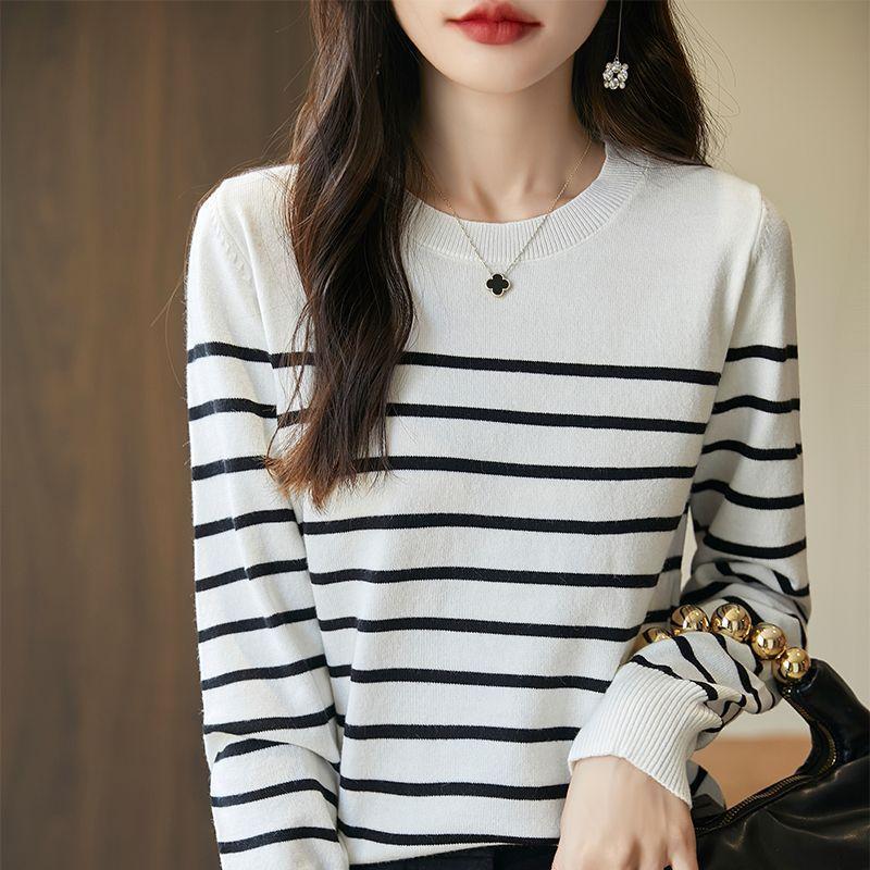 Striped Knitted Base Sweater for Women Loose Fitting Sweater for Slimming Long Sleeved Top
