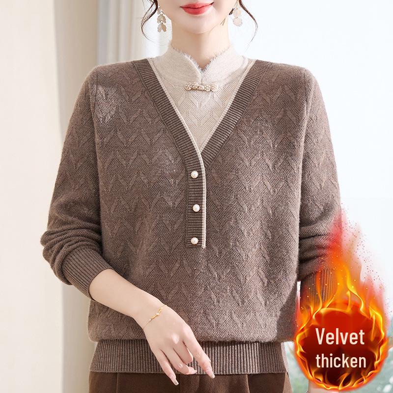 2025 Autumn/Winter New Arrival: Loose Long Sleeve Knit Sweater for Middle-Aged and Elderly Women - Simple, Comfortable Fake Two-Piece Style