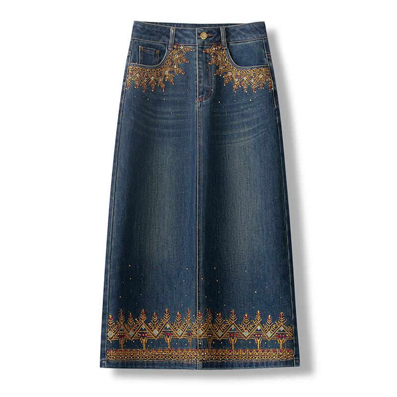 

25 Весенне-осенняя женская джинсовая юбка с высокой талией, с красочной вышивкой по краю и разрезом XL