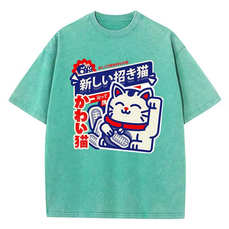 Manga T Shirt Vintage Washed Cotton T-Shirt Japanese Style Anime Cat Graphic Tee Casual Streetwear Spring Tops