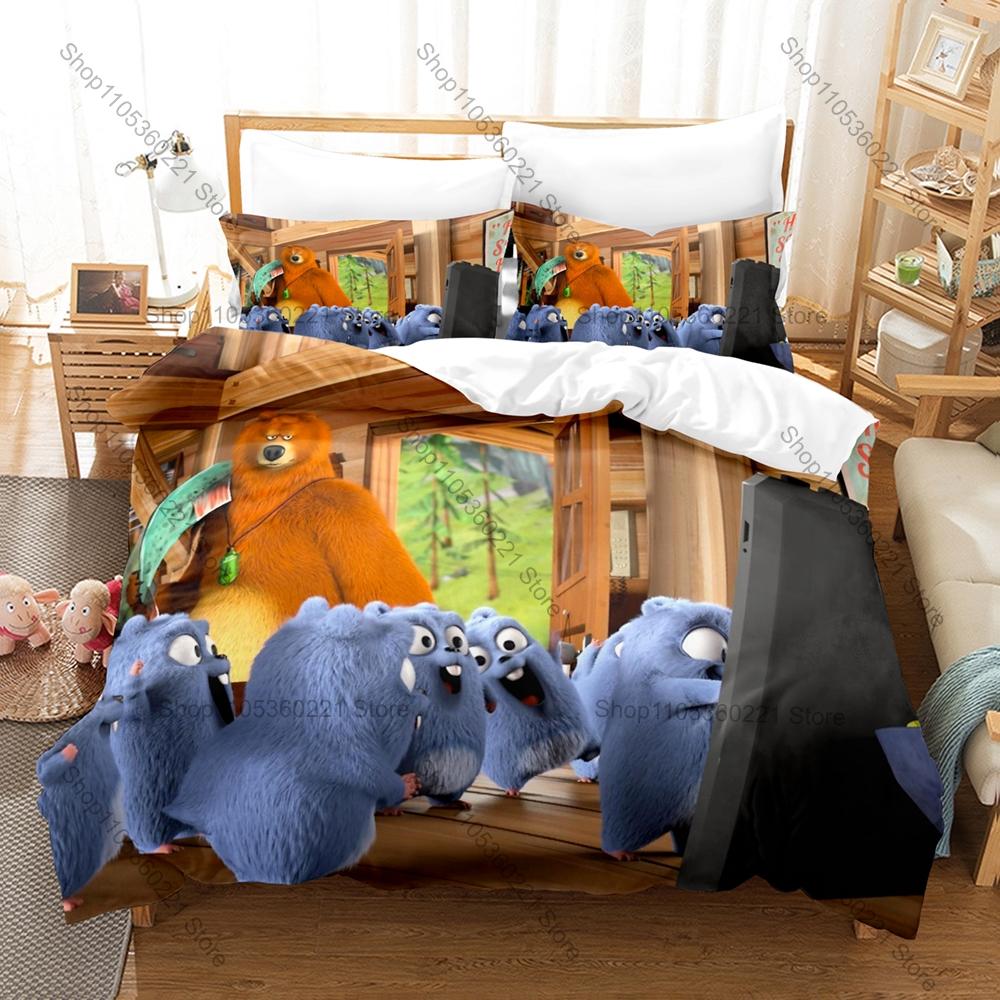 Collage Cartoon Orso Grizzy e Lemming Birbanti Scena Comica 3 Pezzi Biancheria da Letto Copripiumino + 2 Federe Decorazione Casa