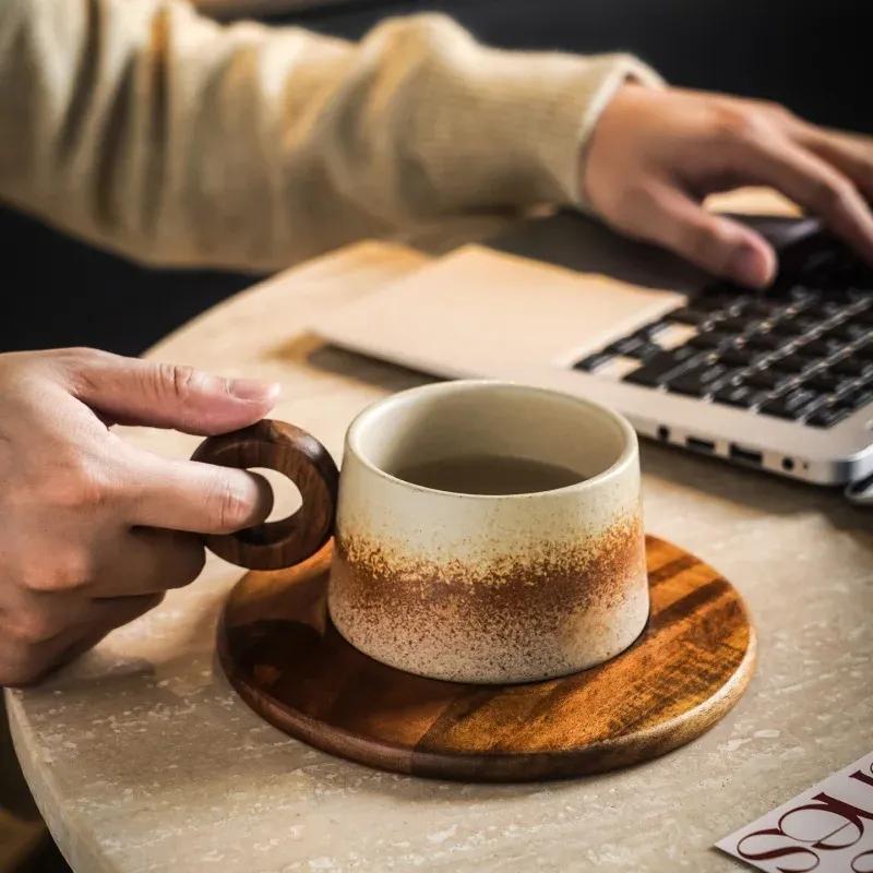 Creative Rustic Ceramic Coffee Cup with Wooden Saucer Artistic Natural Wood Ceramic Tea Cup Office Drink Mug Couple's Water Mug
