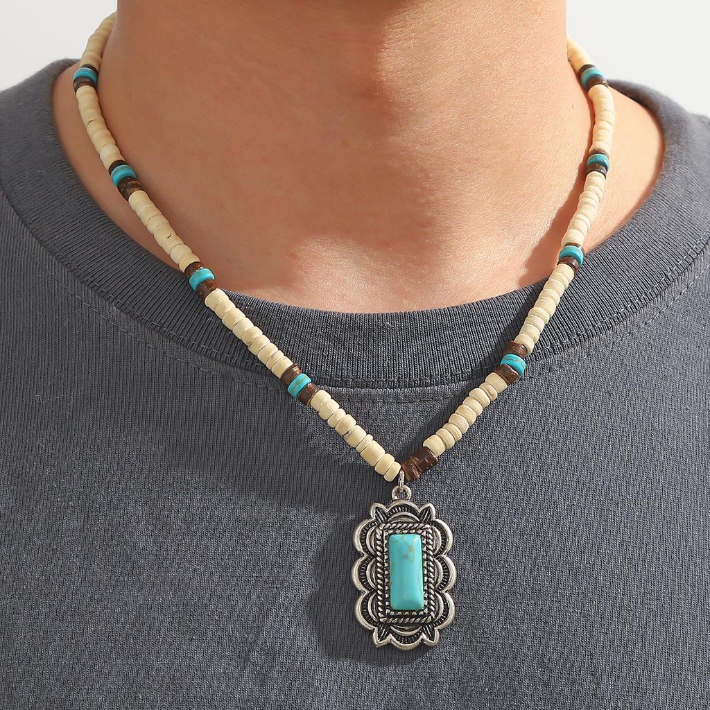 BLINGBAY Kadın Kolye Bohem Retro Etnik Stil Turkuaz Kolye Kişilik Moda Ekleme Ahşap Boncuk Kolye Kız Doğum Günü Hediyesi